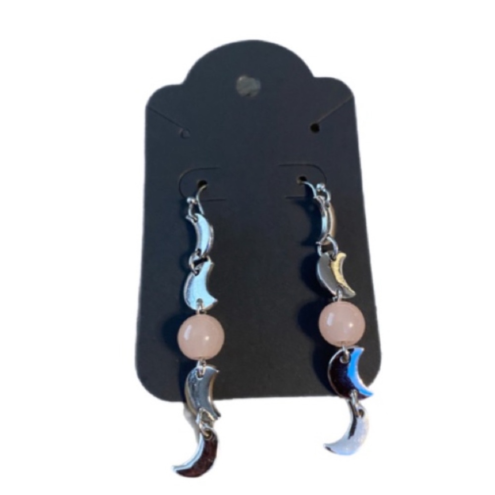 Dangle Moon With Rose Quartz Crystal  Dangle Earrings